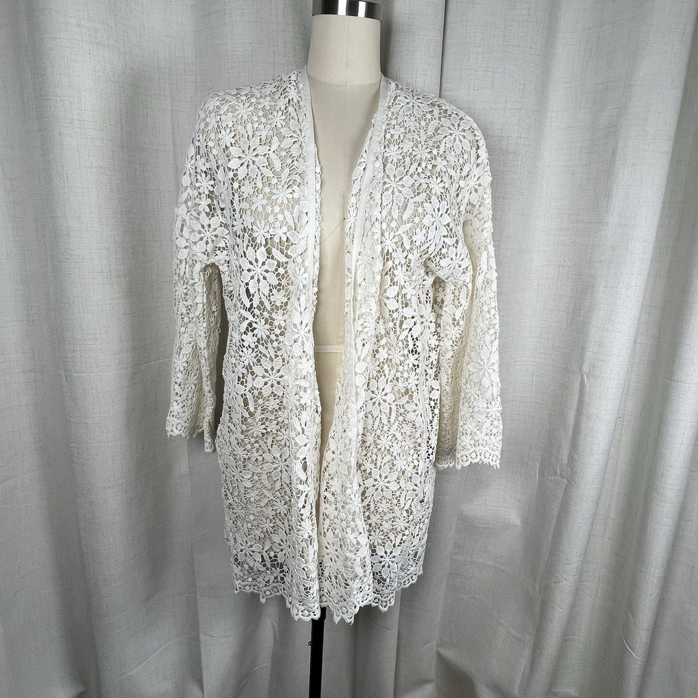 NEW Akiabara White Floral Lace Cardigan  Cotton Festival Boho Bell Sleeves Large